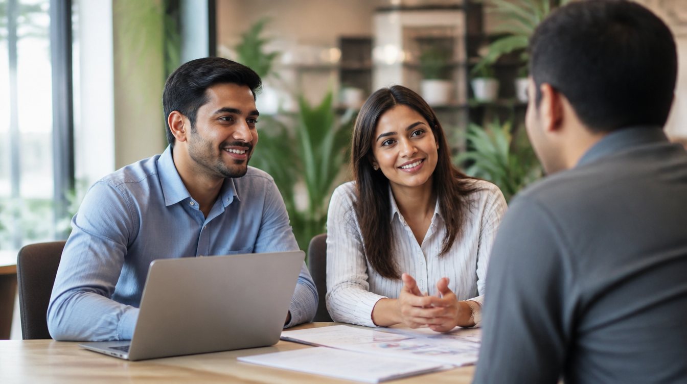 Two advisors in conversation with a client in a bright office