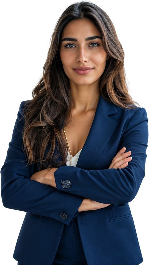 A confident professional woman in a navy blazer, arms crossed, smiling
