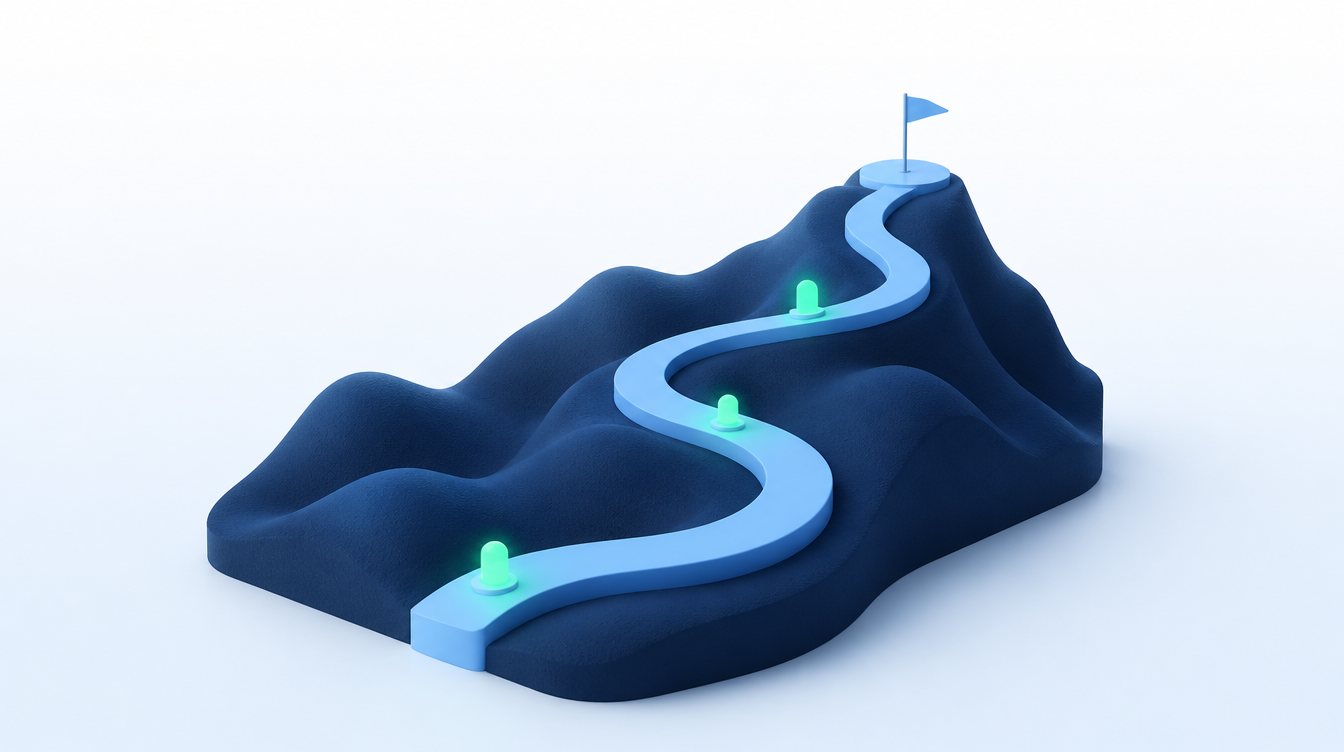 A winding path rising across soft blue terrain with four milestone markers