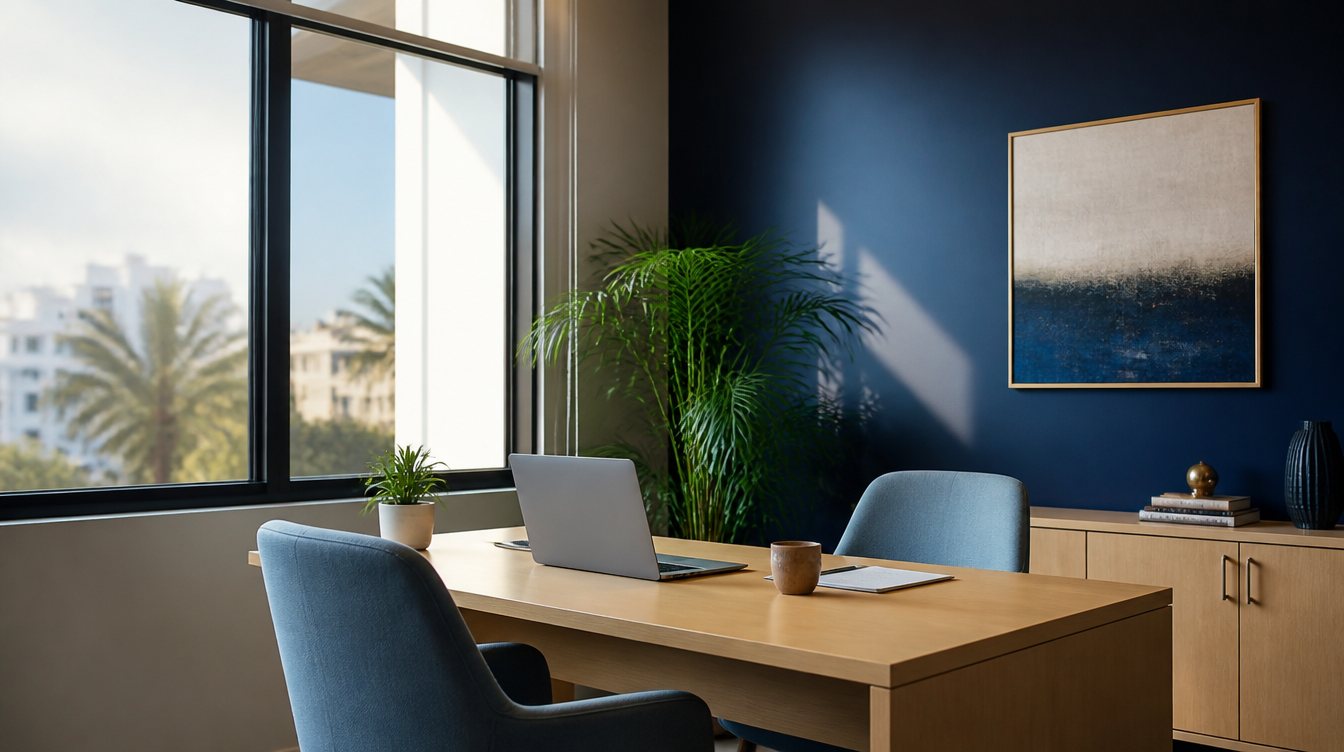 A bright modern advisory office with a wooden meeting table